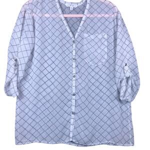 Cabi Womens Blouse White Black Chessboard Sheer Roll Tab Sleeve Button Down XS